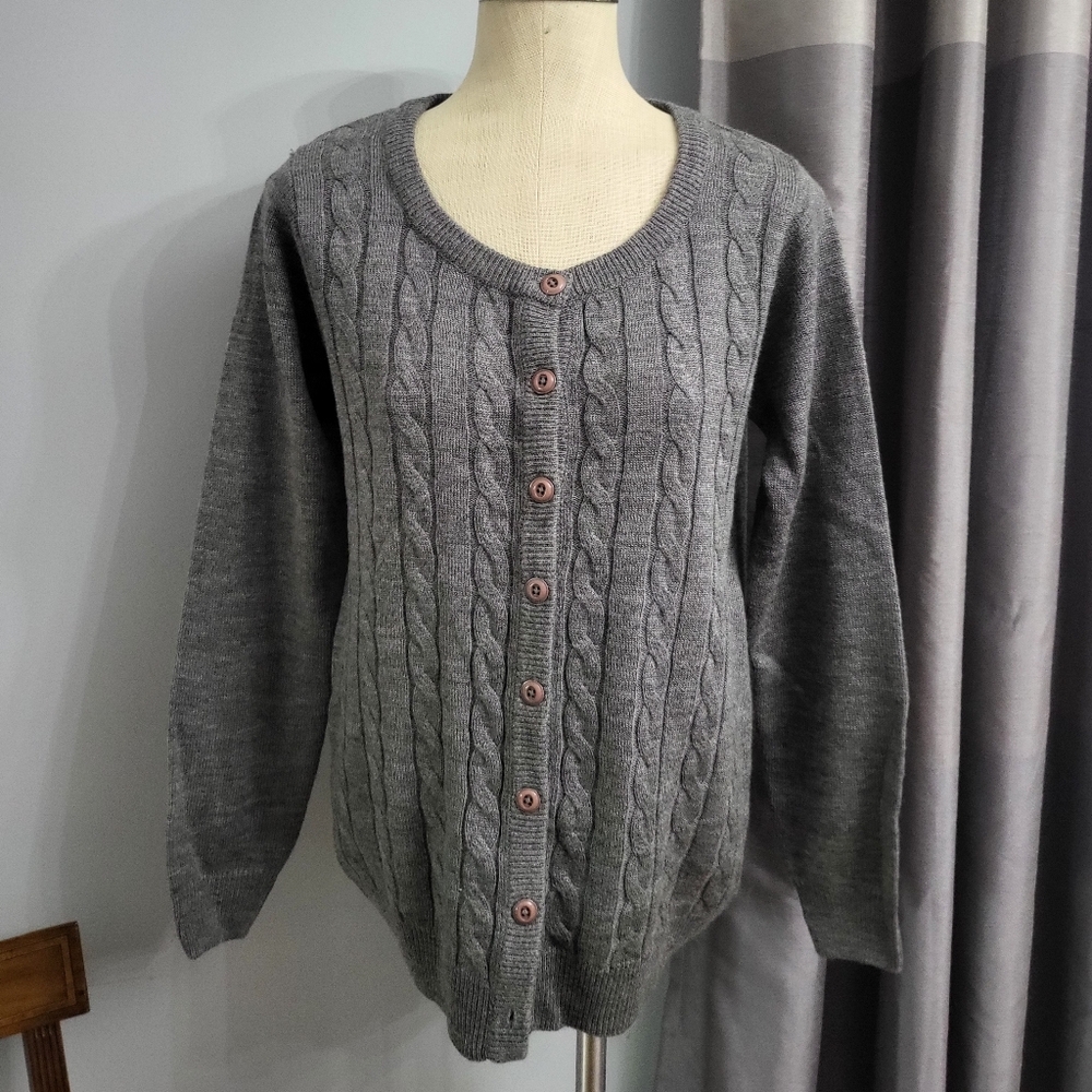 Gray Cable Knit Cardigan with Braided Design
